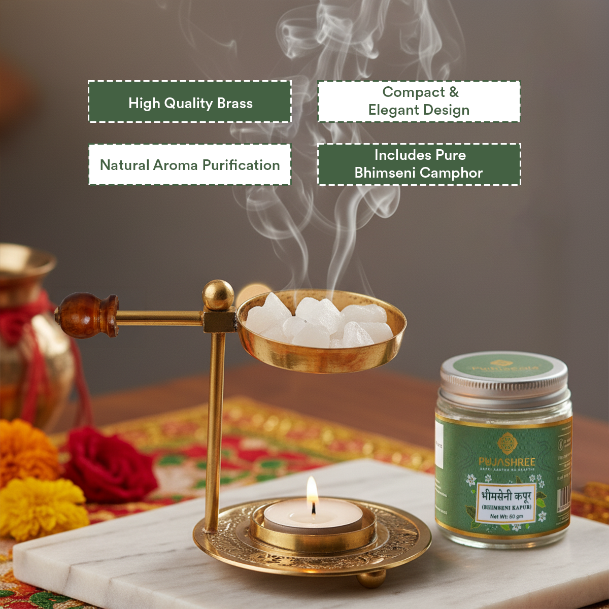 Divine Aroma Brass Diffuser Set with Pure Bhimseni Kapur by Pujashree | Sanatana Journey