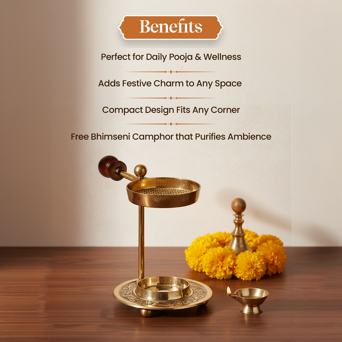Divine Aroma Brass Diffuser Set with Pure Bhimseni Kapur by Pujashree | Sanatana Journey