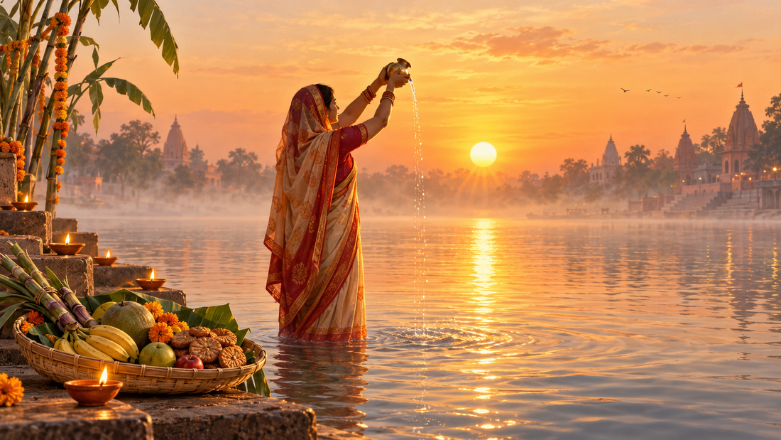 Chhath Puja devotee offering Surya arghya at sunrise with soop basket and diyas