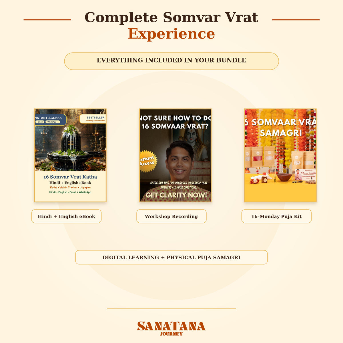 Complete Somvar Vrat Experience contents with Hindi English eBook, workshop recording and 16-Monday puja kit