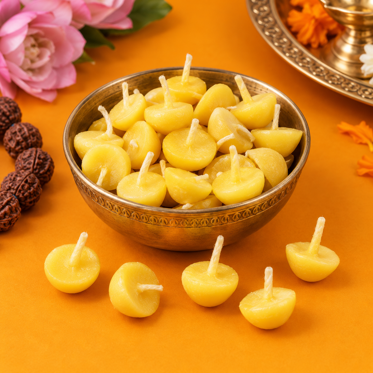 Cow ghee wicks for puja and aarti arranged in a brass bowl