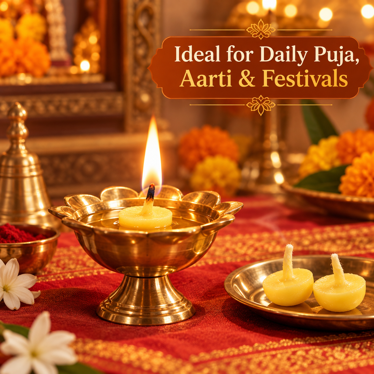 Cow ghee wick lit in a brass diya for daily puja and festivals