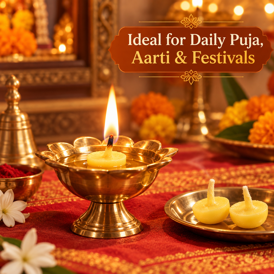 Cow ghee wick lit in a brass diya for daily puja and festivals