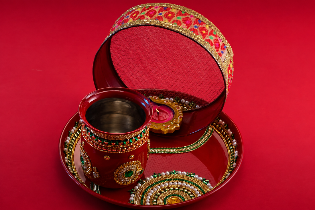 Karwa Chauth puja thali with channi, diya, karwa and moonrise ritual