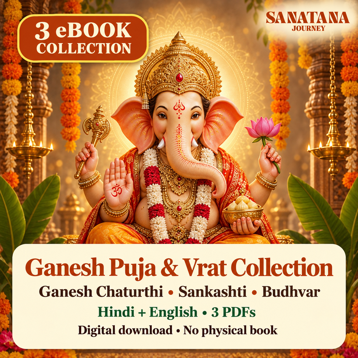 Ganesh Puja and Vrat Collection with Lord Ganesha and Sanatana Journey logo; three Hindi and English PDF guides