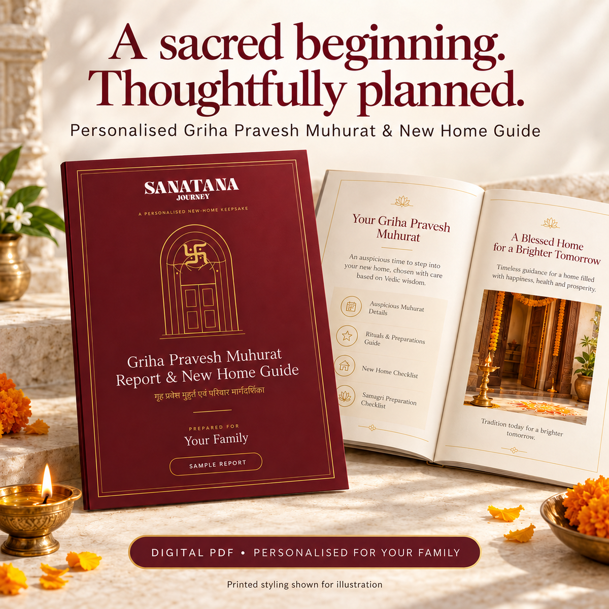 Personalised Griha Pravesh Muhurat report cover and new home guide — digital PDF, printed styling for illustration