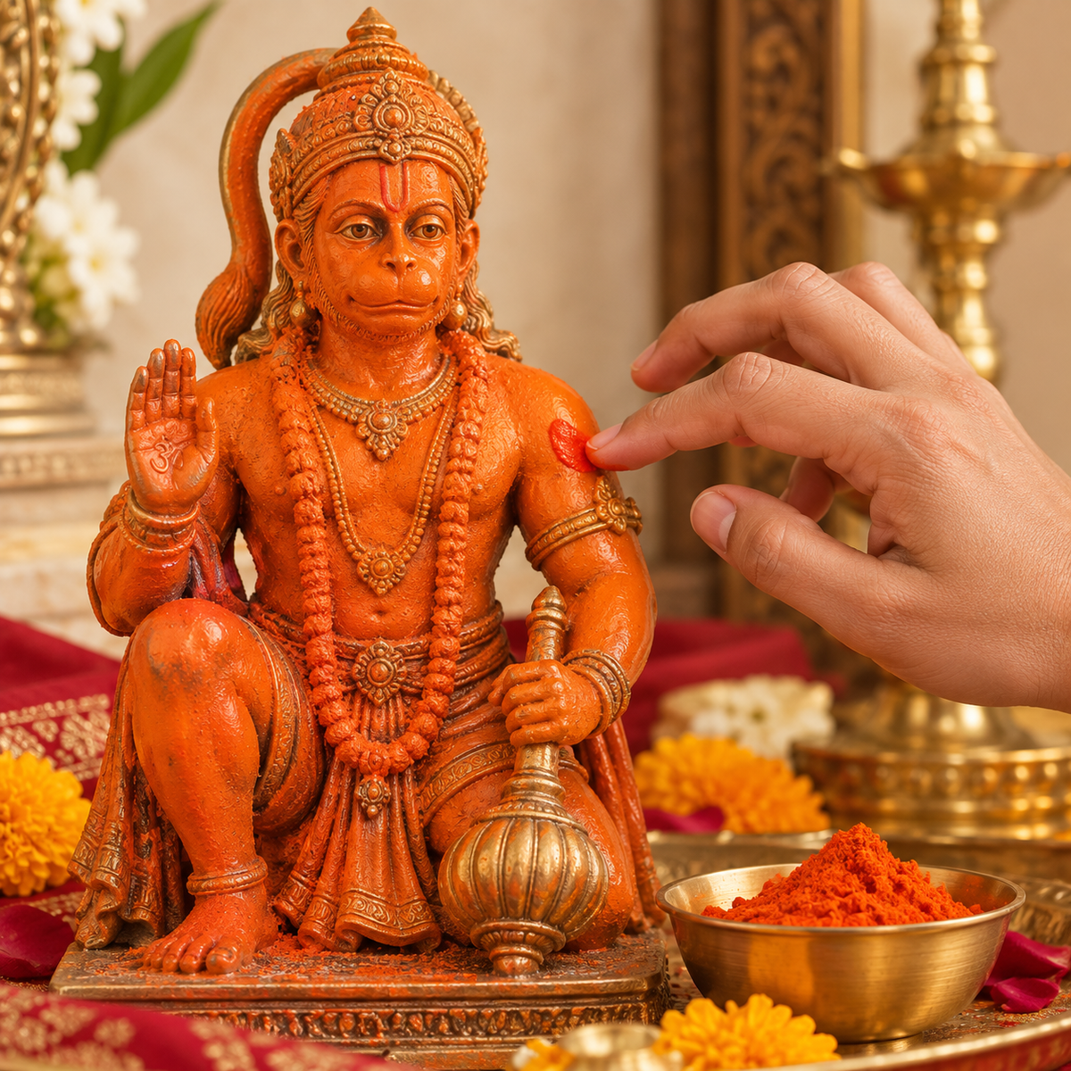 Mahaviri sindoor being respectfully applied to a Shri Hanuman murti