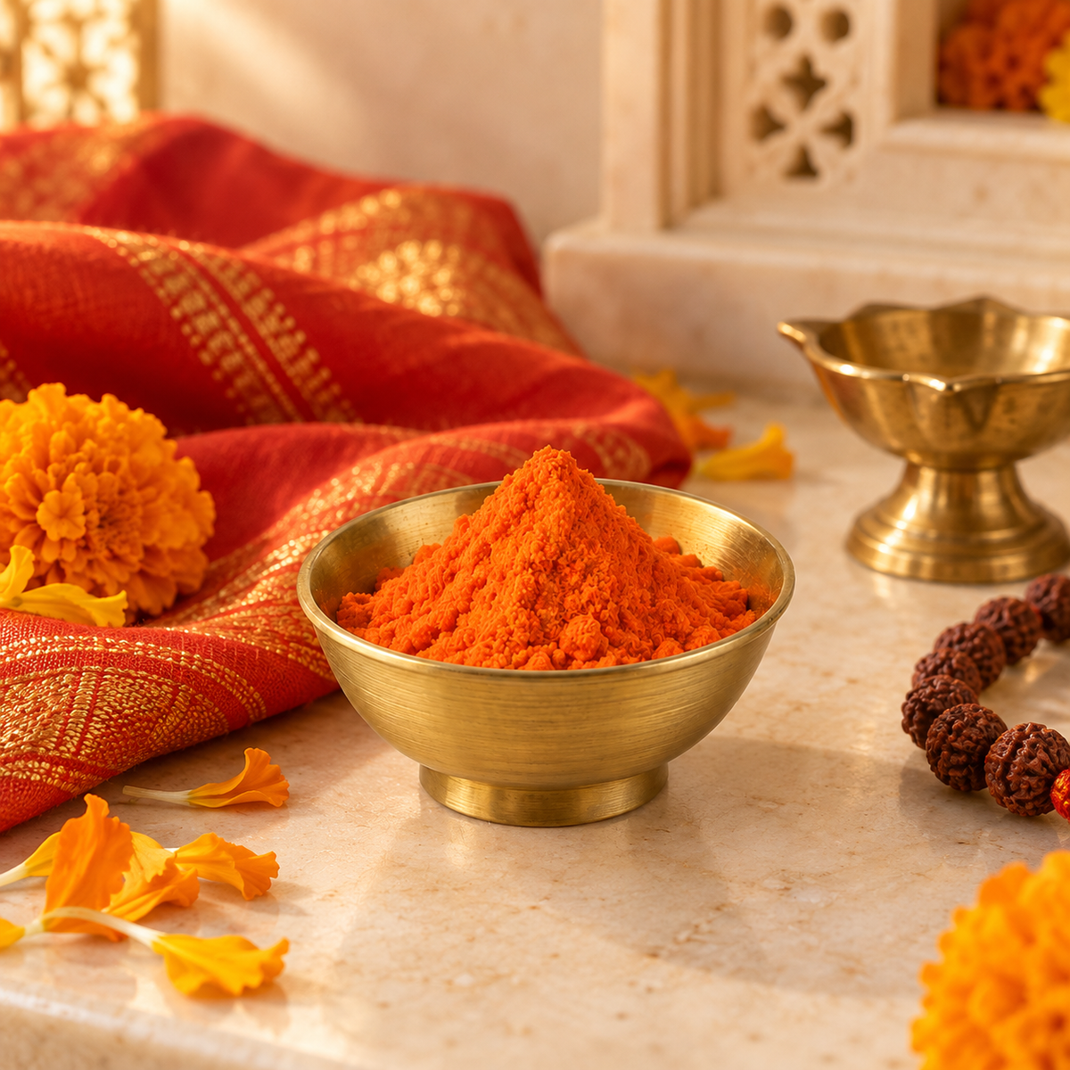 Hanuman Sindoor arranged with traditional puja items for worship
