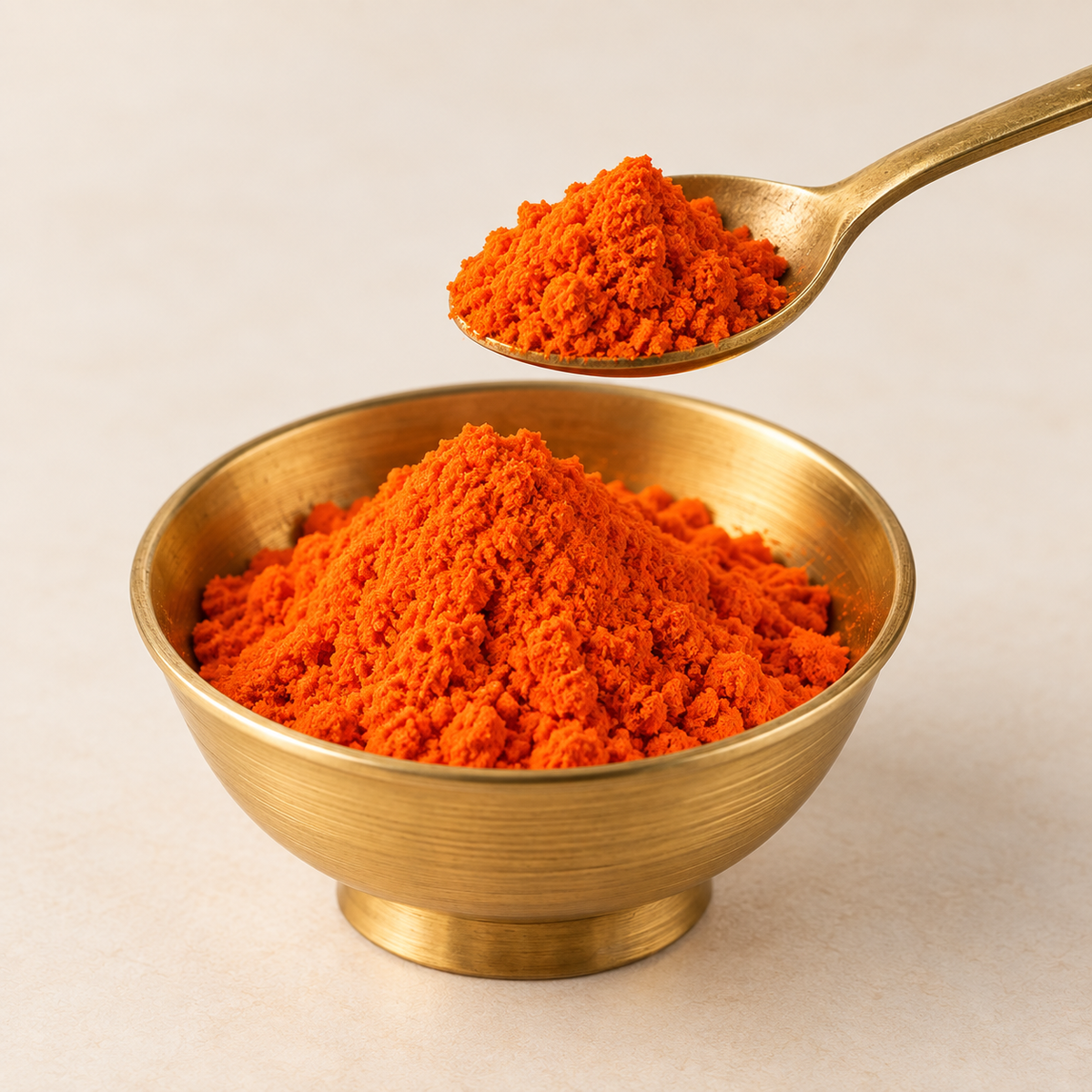 Fine orange Hanuman Sindoor powder shown with a brass spoon and bowl