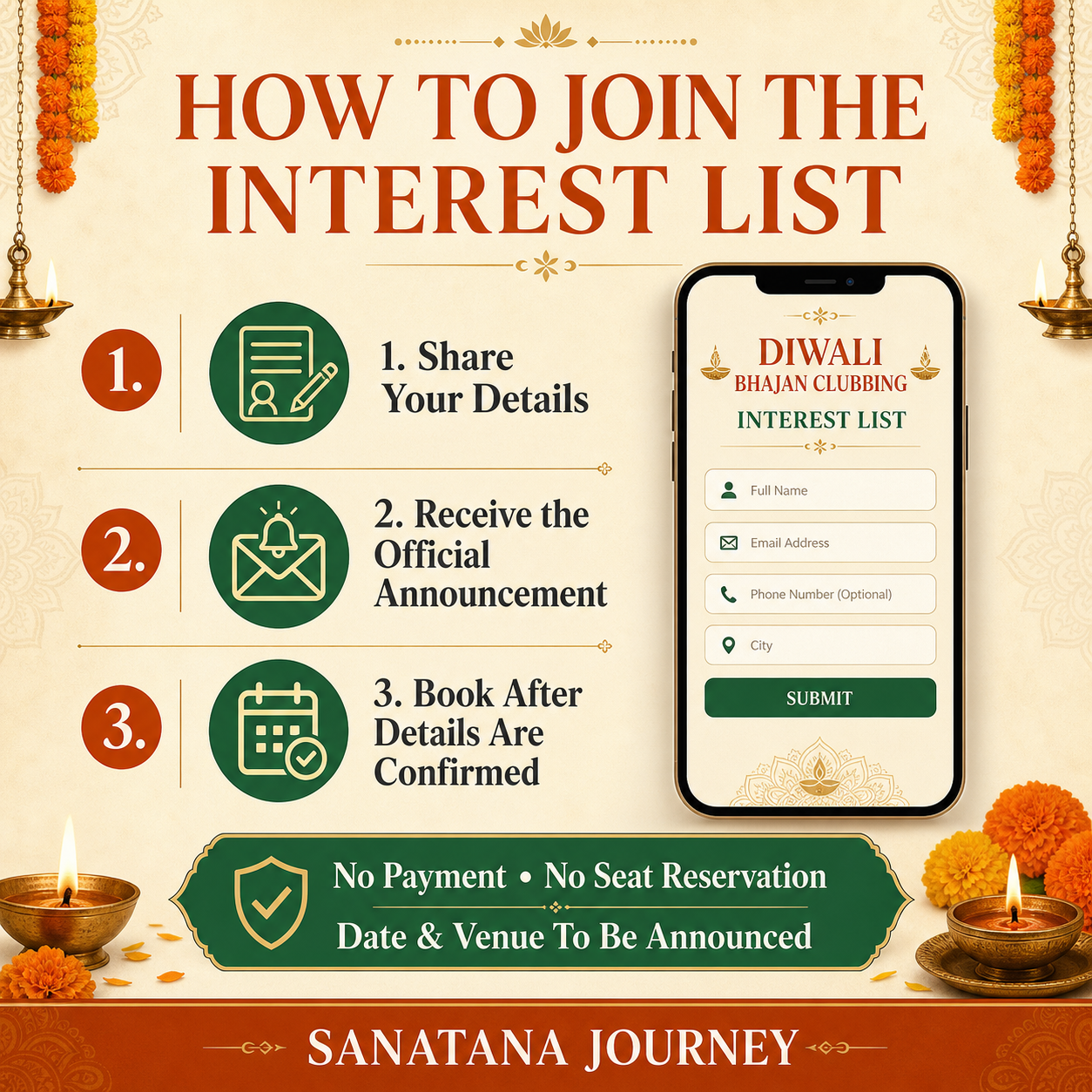 How to join the Diwali Bhajan Clubbing interest list – no payment or seat reservation