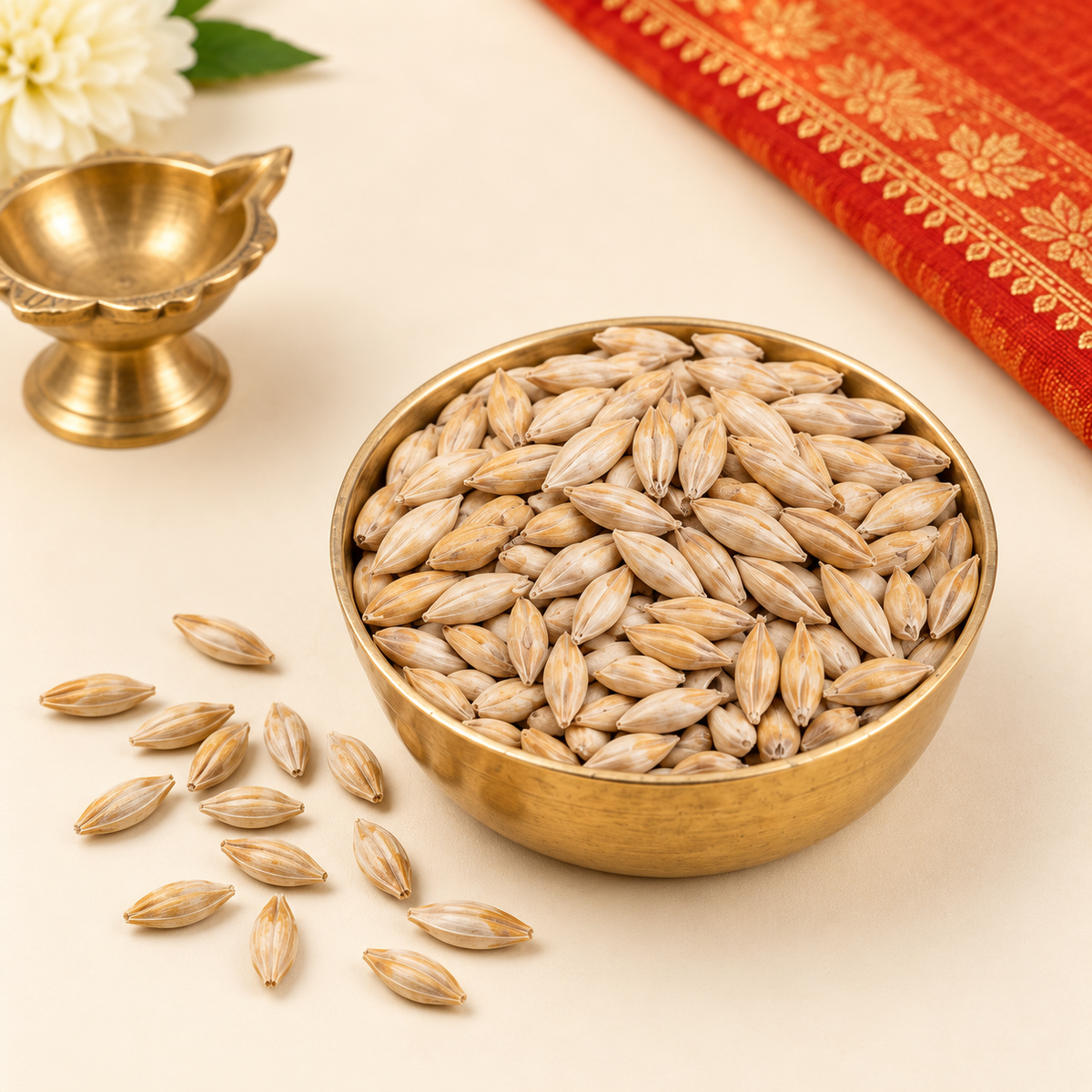 Whole Jau barley grains for puja close-up