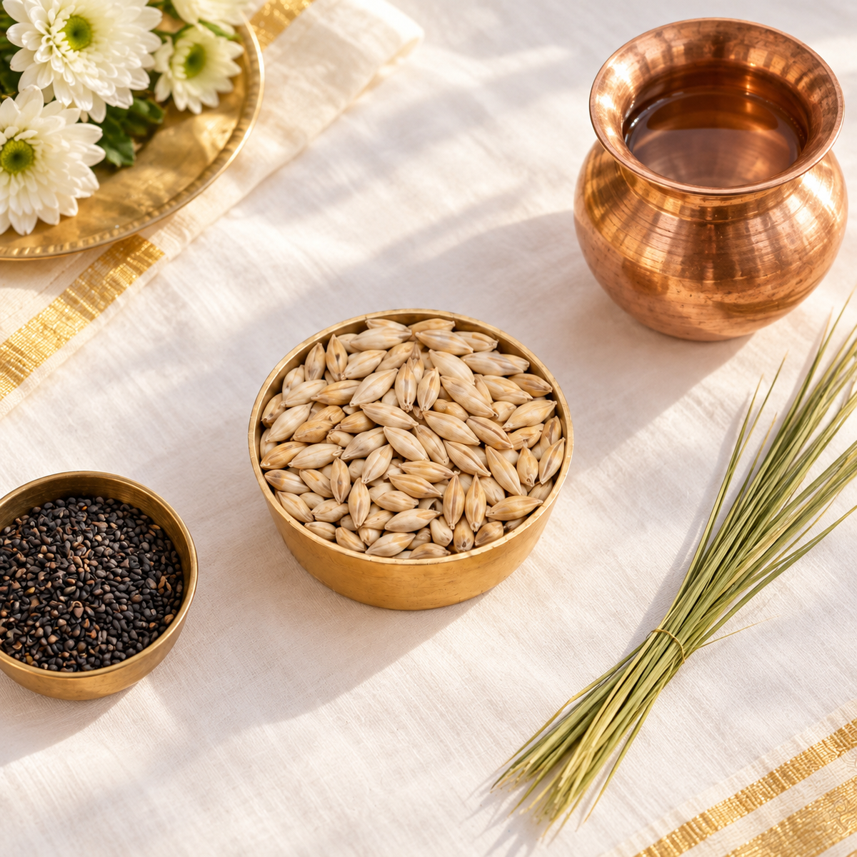 Jau barley with kala til, copper lota and white cloth for Pitru Paksha