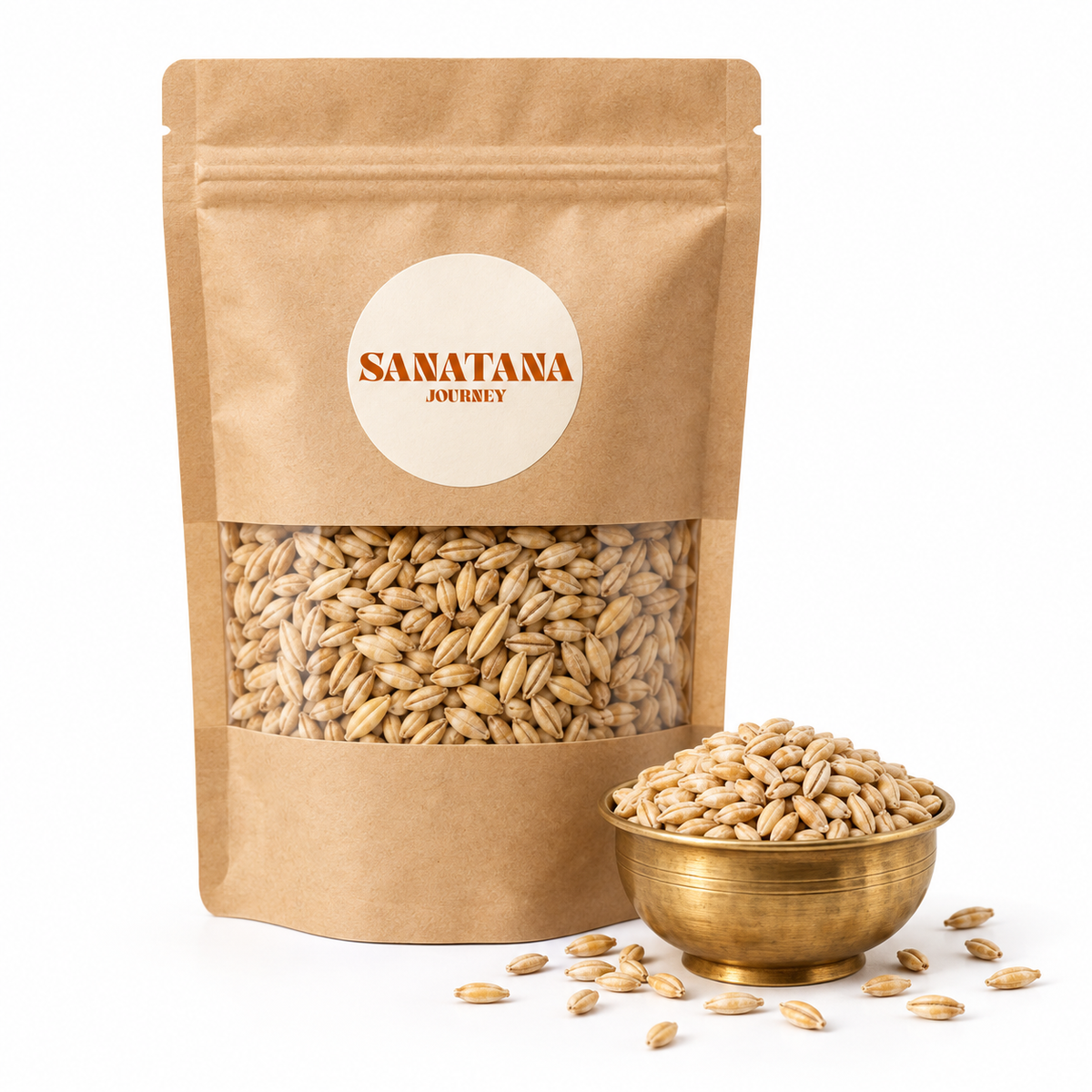 Jau barley grains in Sanatana Journey kraft packaging with brass bowl