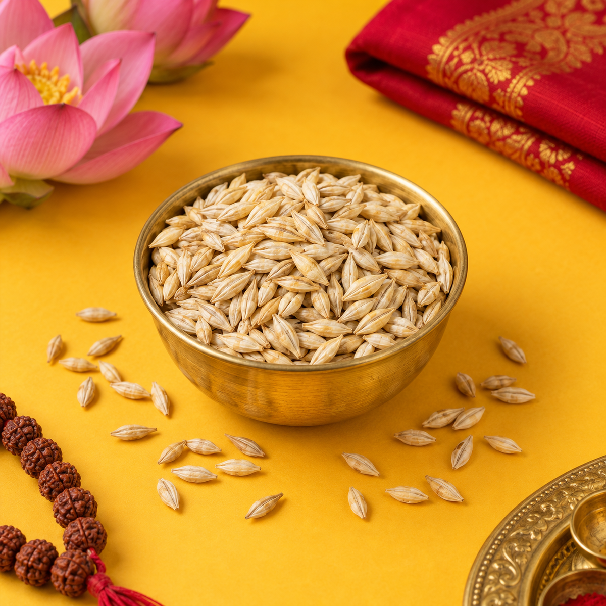 Jau barley grains in a central brass bowl on a yellow puja background