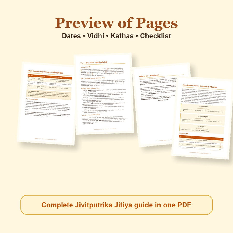 Jivitputrika Jitiya Vrat Guide Hindi and English eBook page preview showing dates vidhi kathas and checklist