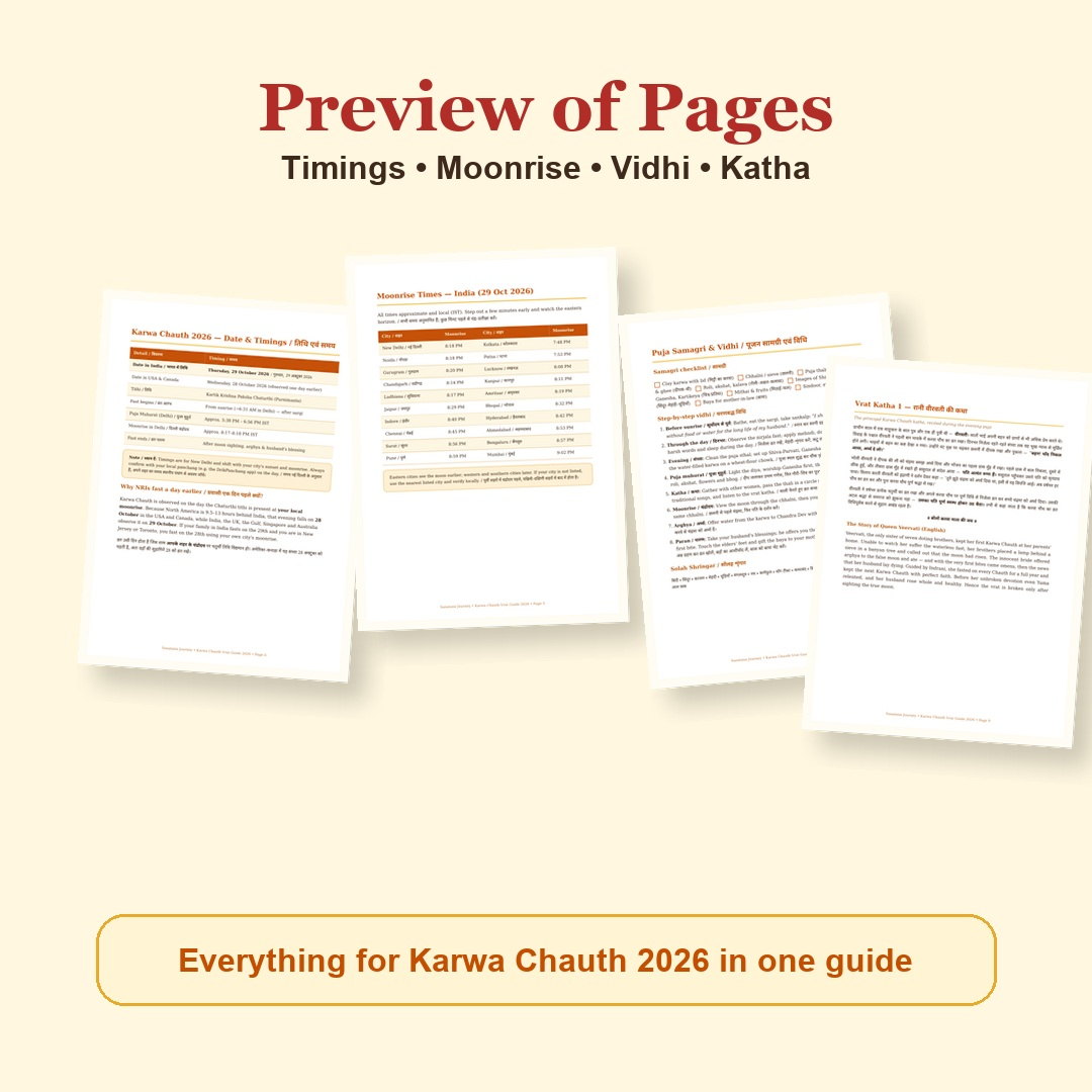 Karwa Chauth Vrat Guide 2026 eBook page preview showing timings, moonrise, puja vidhi and katha pages