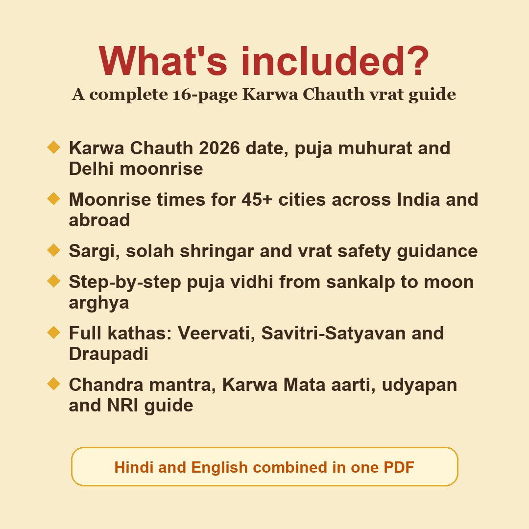 Karwa Chauth Vrat Guide 2026 eBook contents including date, moonrise, sargi, puja vidhi, kathas and aarti