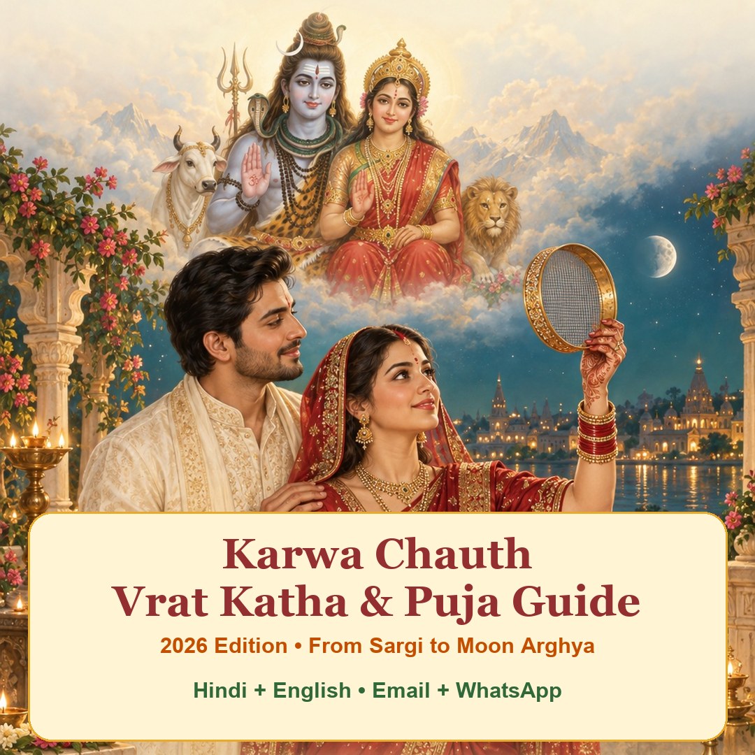 Karwa Chauth Vrat Katha & Puja Guide 2026 e-book cover; Hindi and English PDF with email and WhatsApp delivery