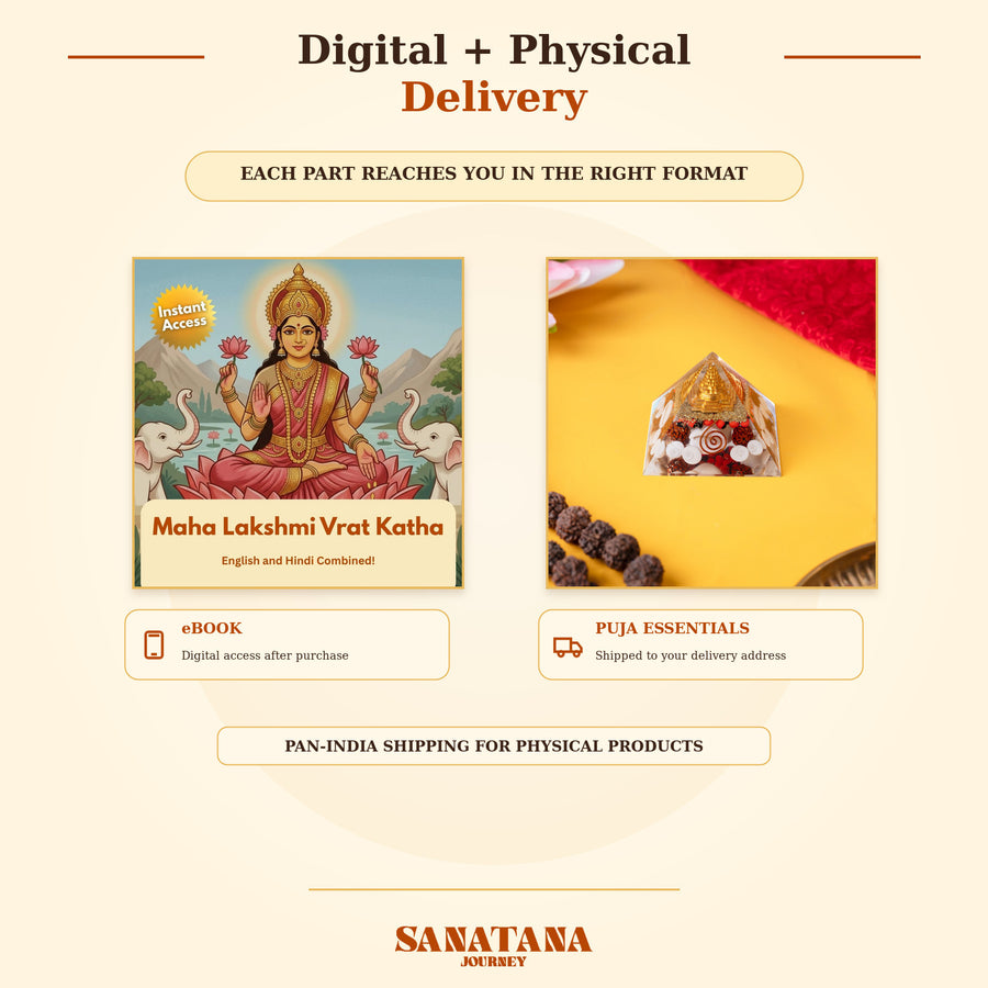 Digital eBook access and physical puja essentials delivery for the Lakshmi Prosperity Experience