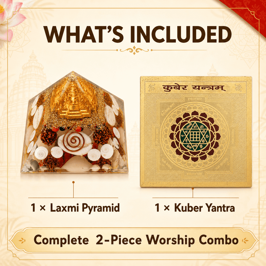 Laxmi Kuber combo contents: one Laxmi Pyramid and one Kuber Yantra
