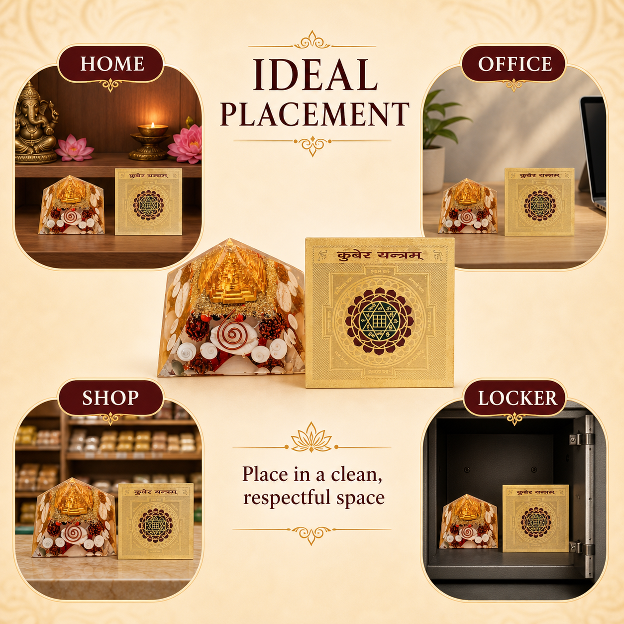 Placement guide for Laxmi Pyramid and Kuber Yantra at home, office, shop or locker