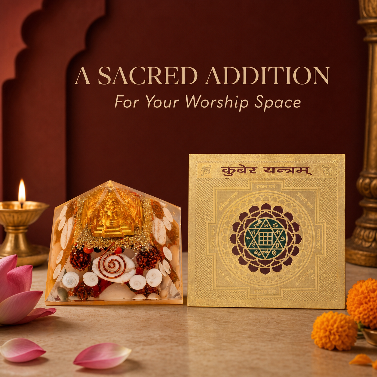 Laxmi Pyramid and Kuber Yantra displayed in a worship space