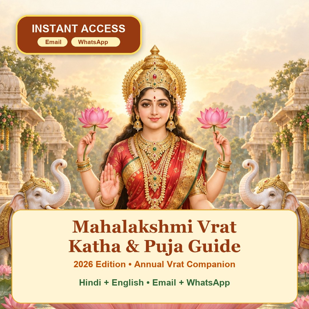 Mahalakshmi Vrat Katha 2026 eBook cover featuring Maa Lakshmi; Hindi-English puja guide