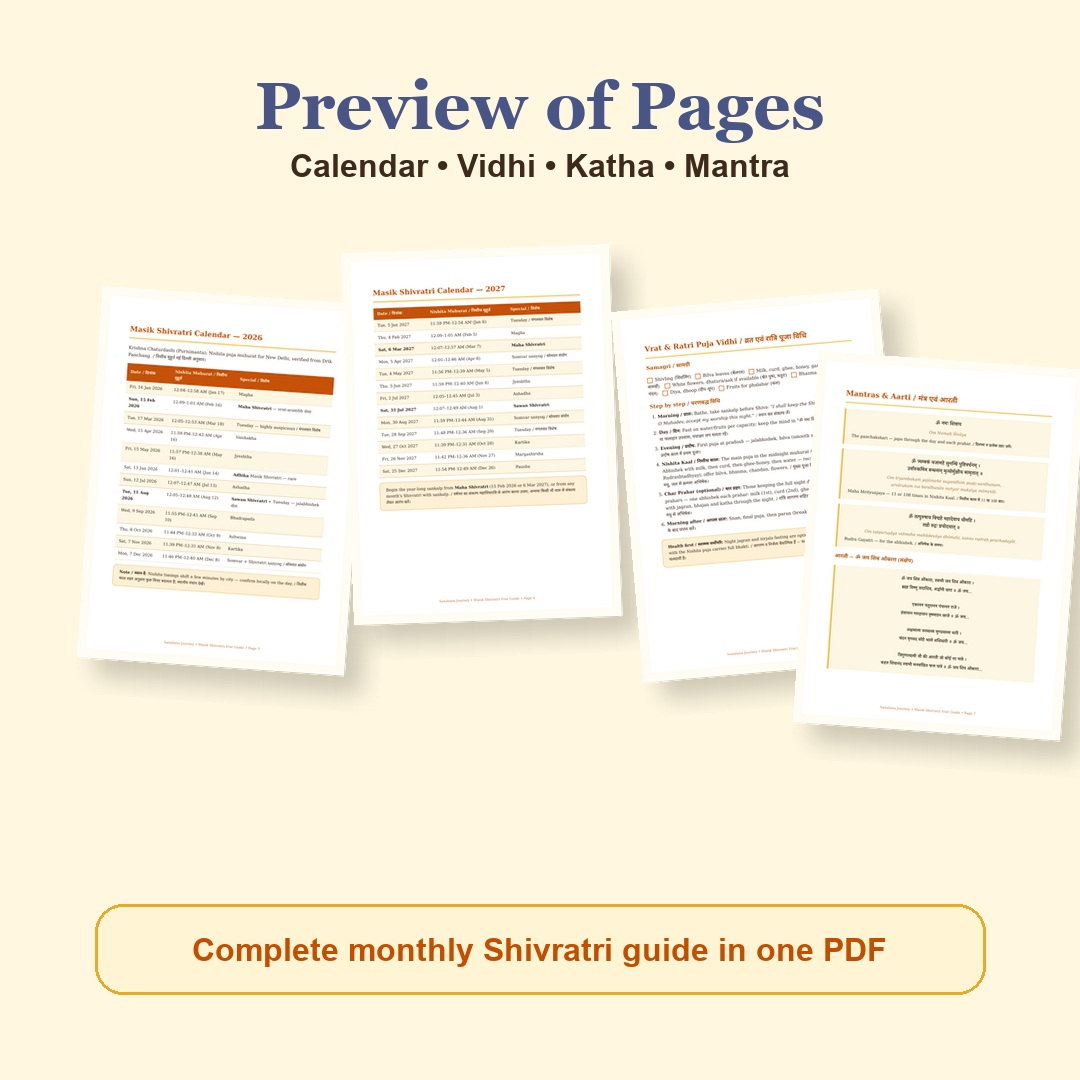 Masik Shivratri Vrat Guide Hindi and English eBook page preview showing calendar, katha, mantra and tracker pages