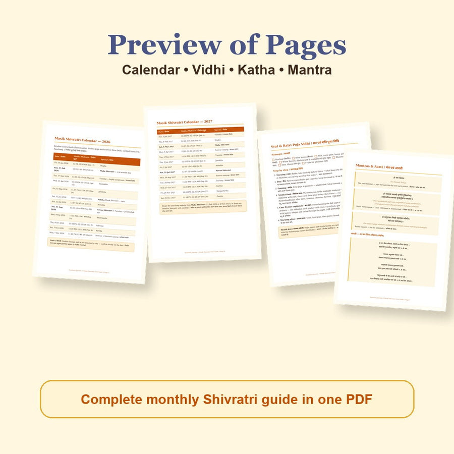Masik Shivratri Vrat Guide Hindi and English eBook page preview showing calendar, katha, mantra and tracker pages
