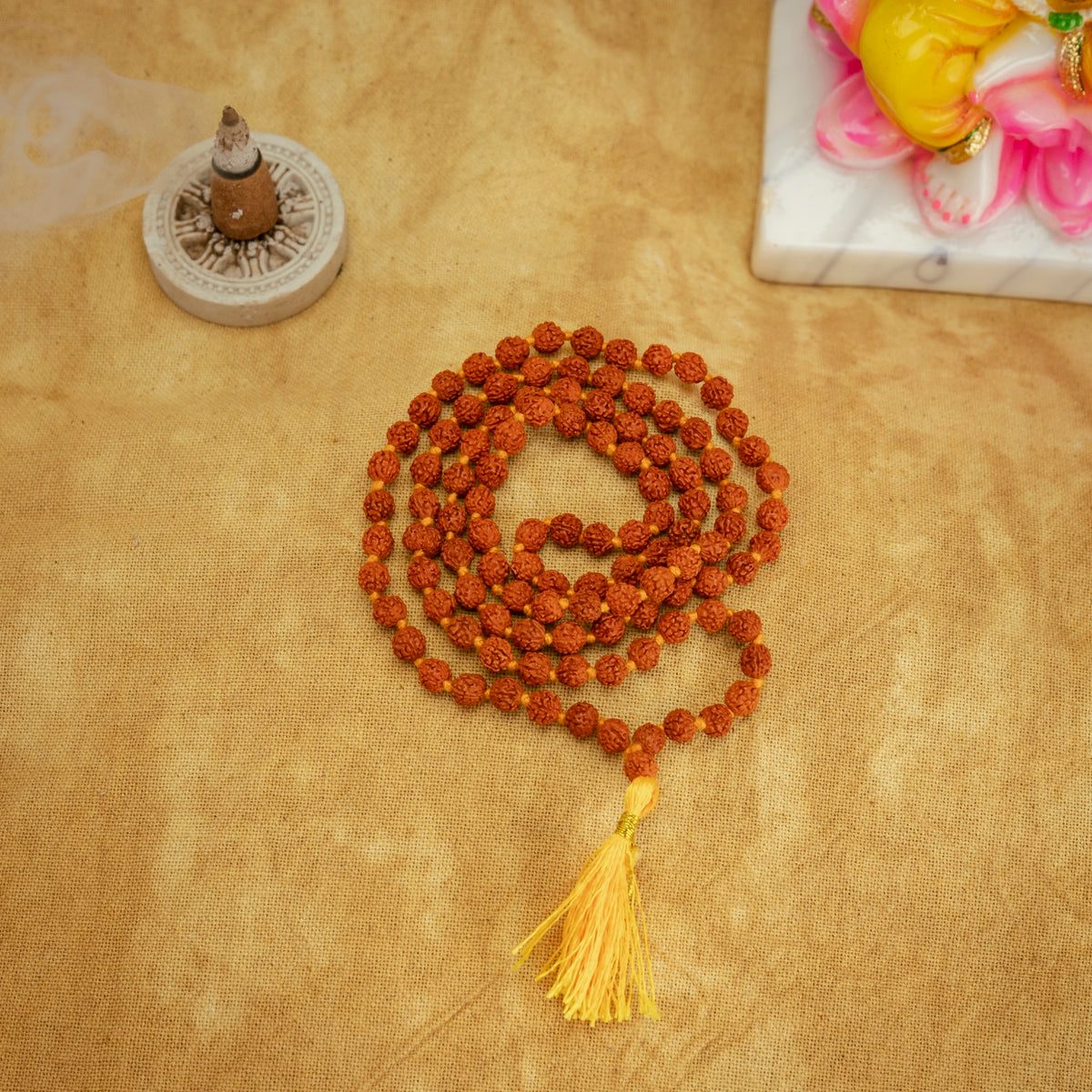 108 bead Rudraksha mala displayed from above