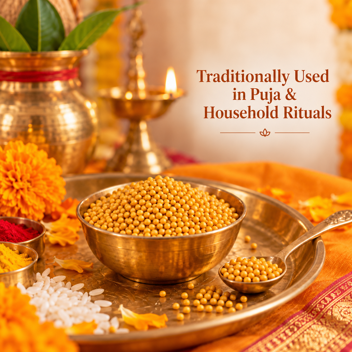 Peeli Sarso yellow mustard seeds arranged for traditional puja preparation