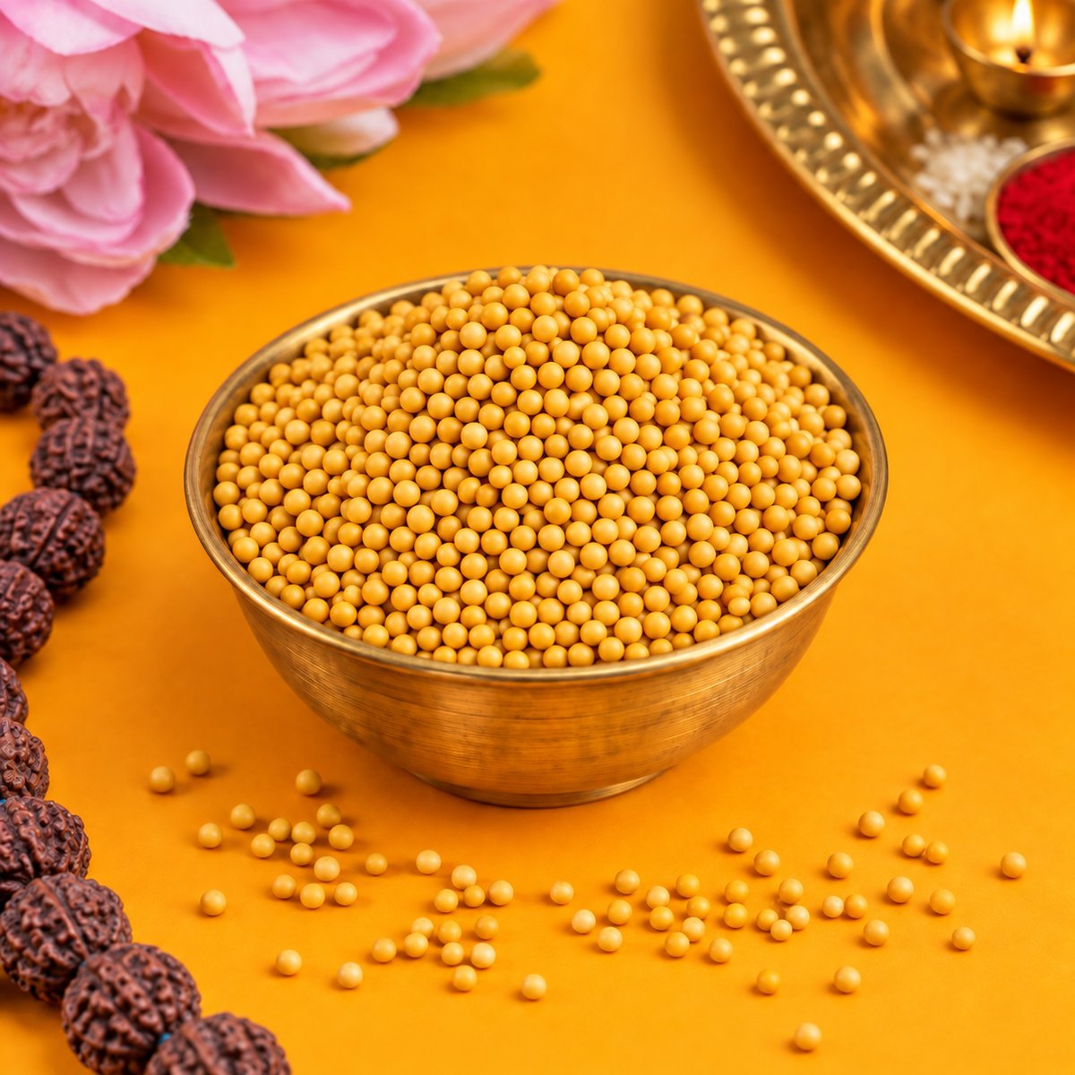 Peeli Sarso whole yellow mustard seeds in a brass bowl