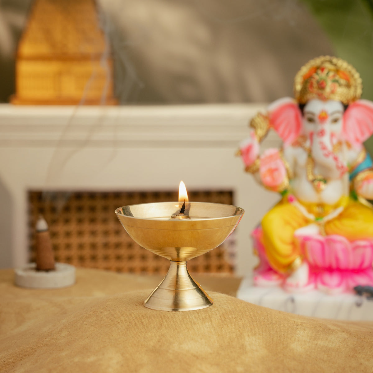 Pure brass diya lit for aarti and home mandir worship