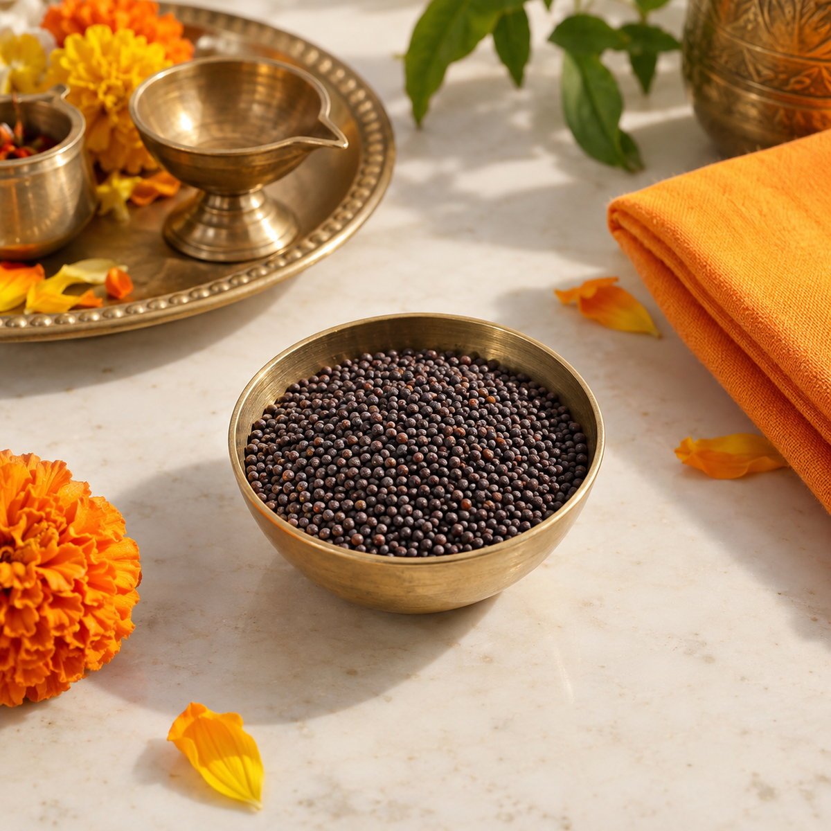 Sabut Sarso whole mustard seeds arranged for ritual preparation