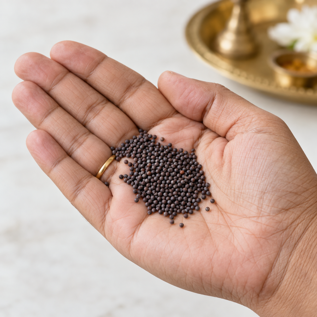Sabut Sarso whole black mustard seeds shown naturally in hand