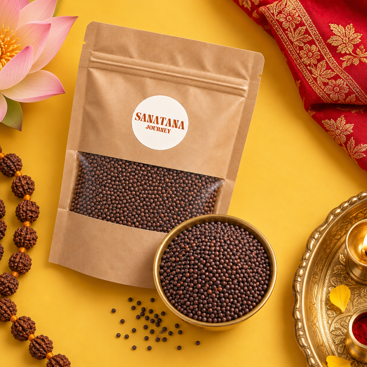Sabut Sarso whole mustard seeds with kraft pouch on Sanatana Journey yellow puja setup