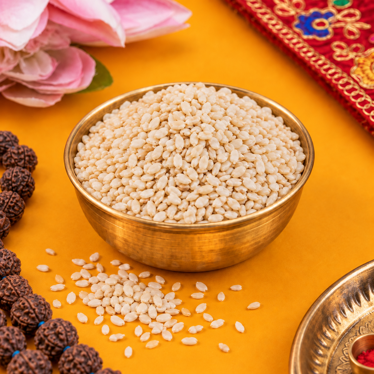 Safed Til white sesame seeds in a brass bowl for puja and havan