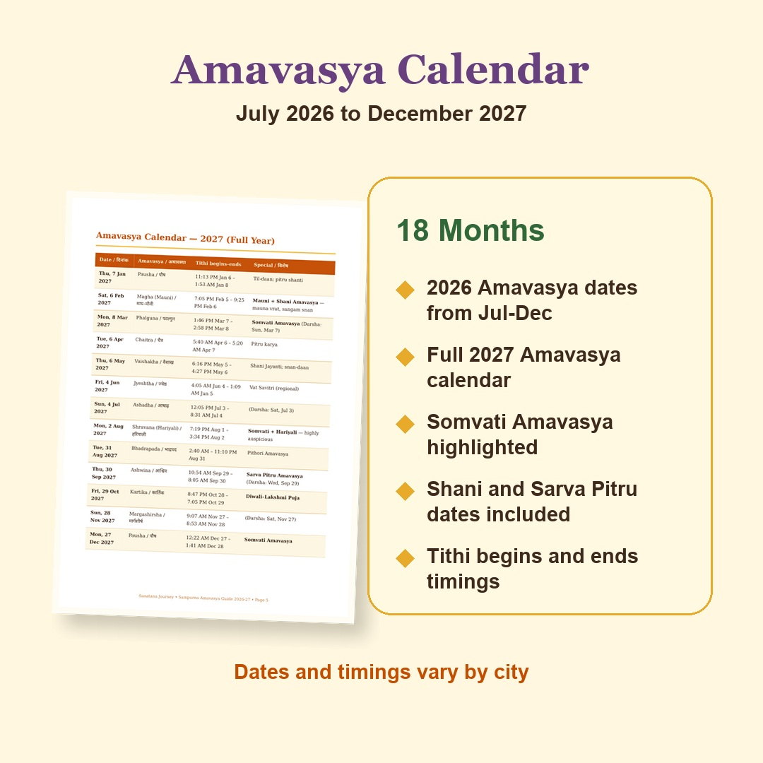 Sampurna Amavasya Guide eBook calendar preview from July 2026 to December 2027