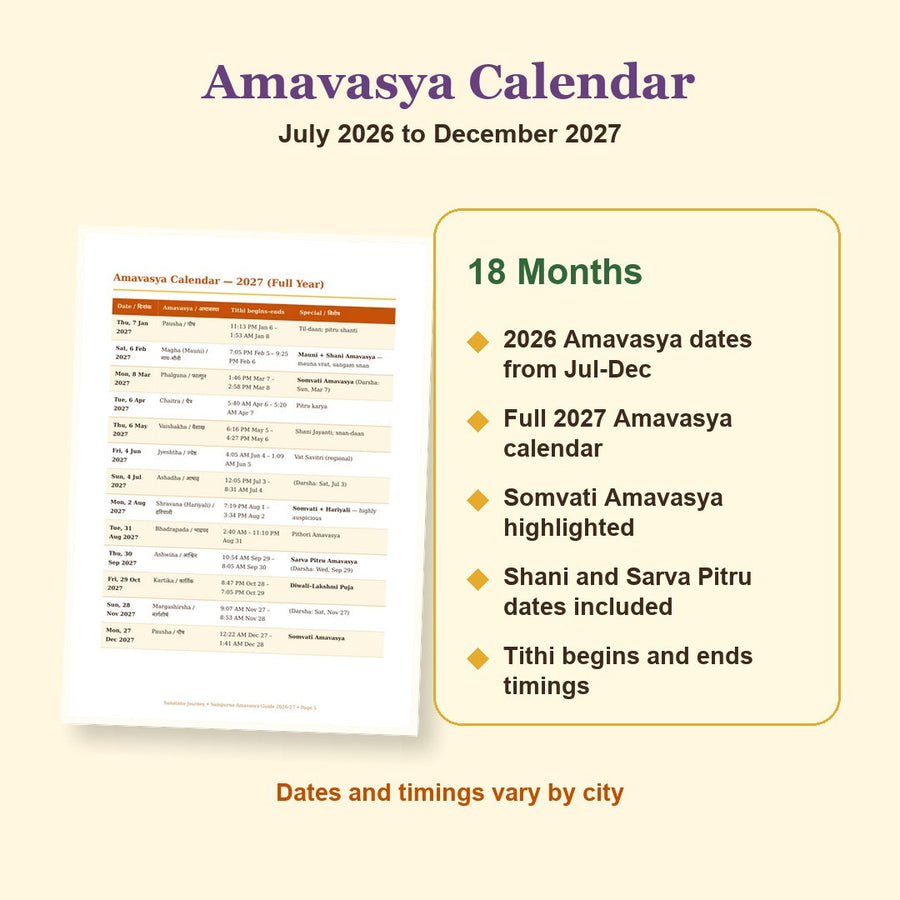 Sampurna Amavasya Guide eBook calendar preview from July 2026 to December 2027