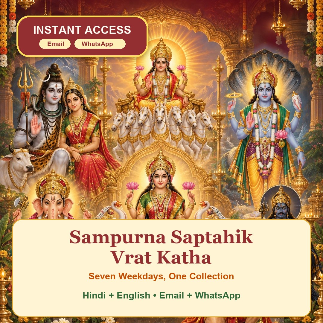 Sampurna Saptahik Vrat Katha e-book cover; Hindi and English PDF with email and WhatsApp delivery