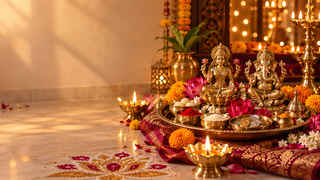 Diwali Lakshmi Ganesh puja thali with diyas, lotus flowers, roli, akshat and coins