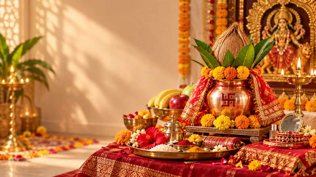 Navratri Ghatasthapana kalash with coconut, mango leaves, marigolds, Devi shringar and diya