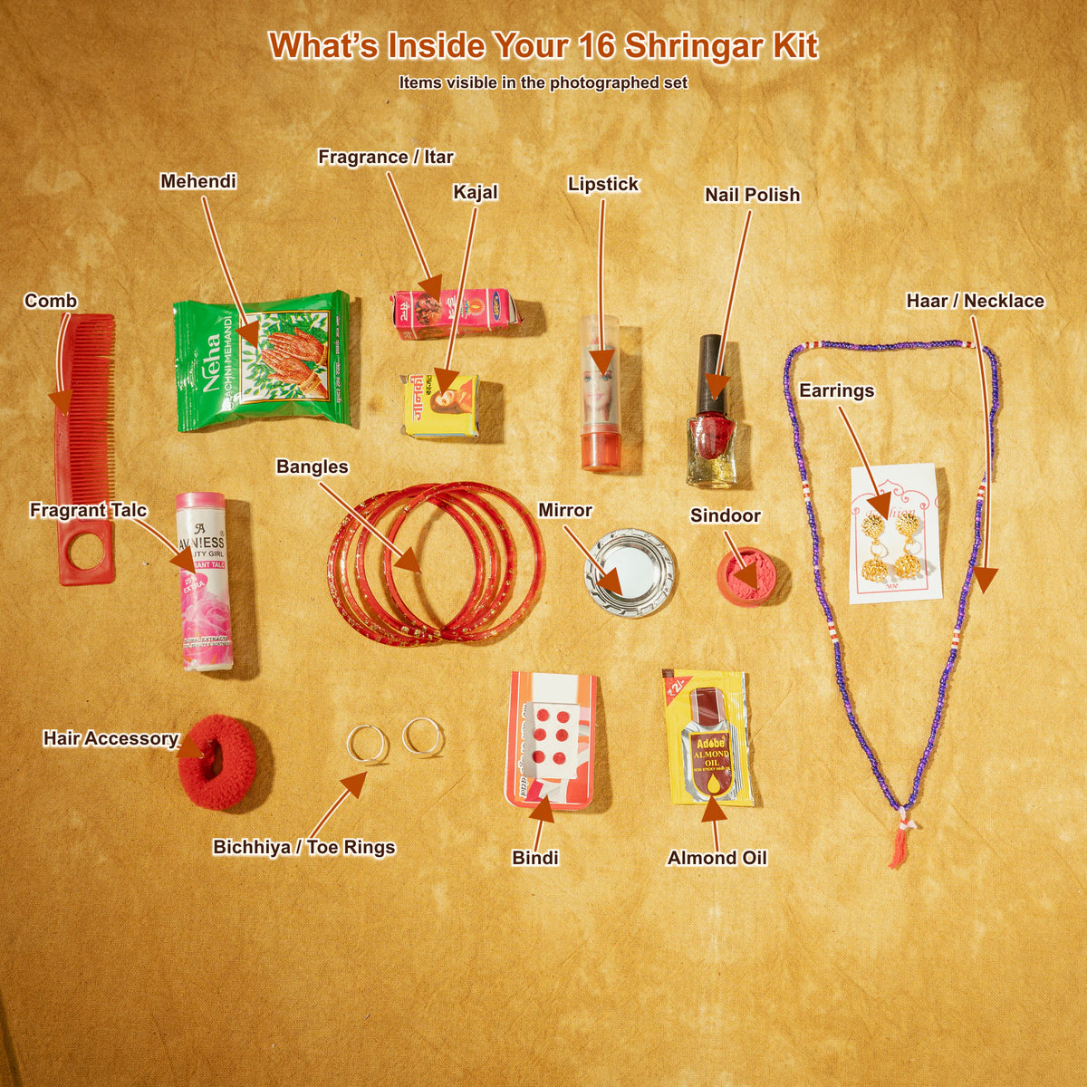 16 Shringar kit contents labelled in English for Mata Rani puja