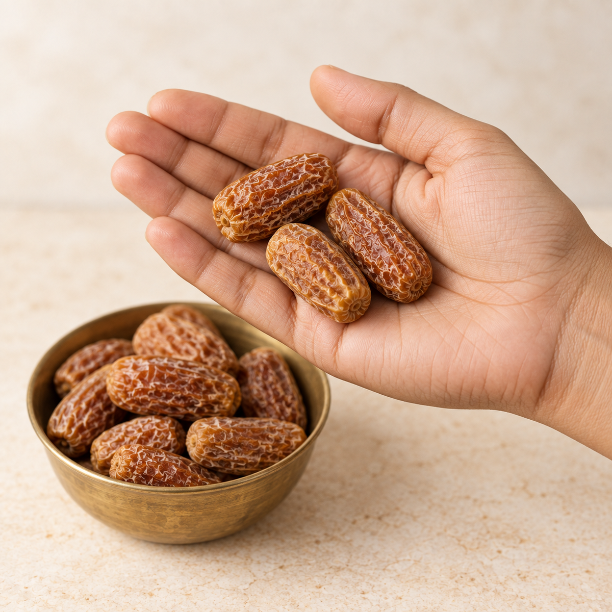 Natural Sukha Khajoor Chuhara shown in hand for scale