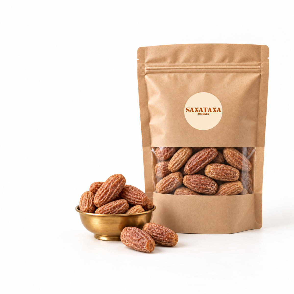 Sukha Khajoor in Sanatana Journey kraft packaging with brass bowl