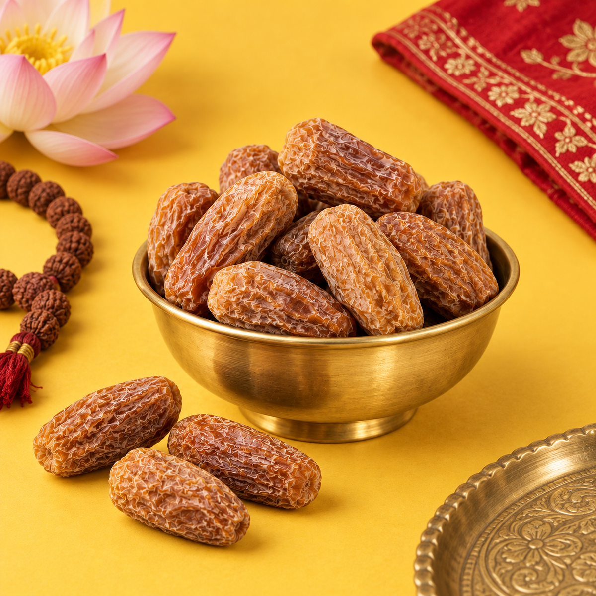 Sukha Khajoor in a brass bowl on a yellow puja background