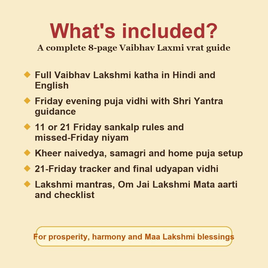 Vaibhav Laxmi Vrat Katha Hindi and English eBook contents including dates, puja vidhi, katha, mantras, aarti and checklist